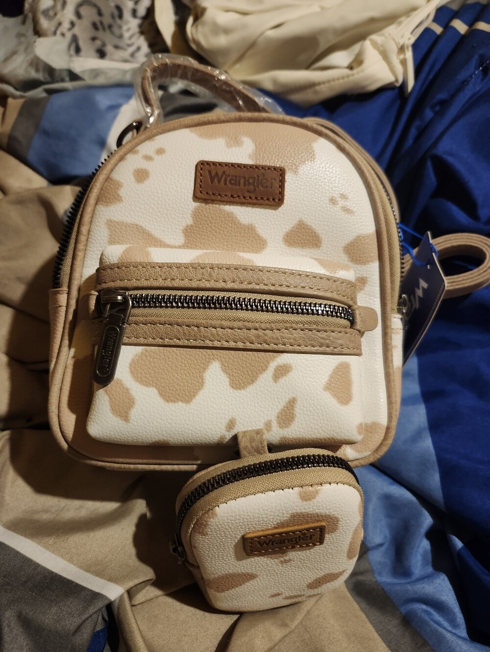 Wrangler Beige and White Cowprint Mini Backpack with Coin Pouch